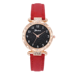 Geneva women's starry sky dial watch with rose gold diamond bezel and red strap
