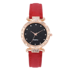 Elegant women's quartz watch with red leather strap, starry dial and rhinestone bezel