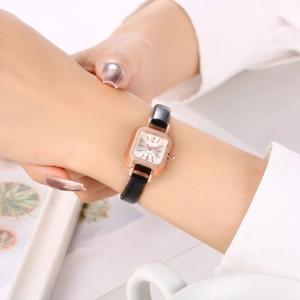 Elegant square rose gold quartz watch with slim black leather strap for women