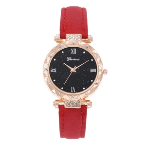 Montre femme or rose avec strass brillants, cadran étoilé noir et bracelet en cuir rouge