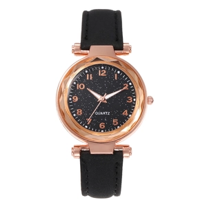 Close-up of starry black dial with rose gold numerals and quartz leather strap