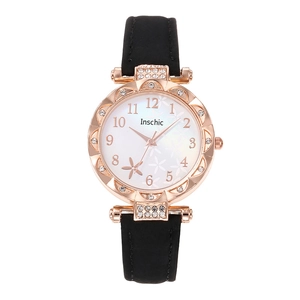Elegant women's quartz watch with rose gold rhinestone case and black leather strap