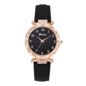 Women's starry sky dial quartz watch with rose gold diamond case and black leather strap