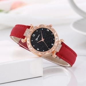 Starry sky dial women's quartz watch in rose gold with elegant red suede leather strap