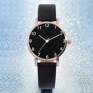 Minimalist quartz watch for women with black leather strap and rose gold round alloy case