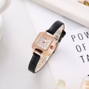 Minimalist square quartz watch with rose gold case and black leather strap for women