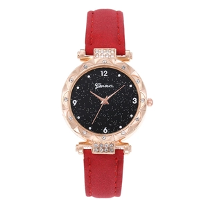 Elegant women's quartz watch with starry sky dial, red leather strap and rose gold case