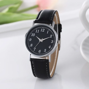 Classic men's quartz watch with black leather strap and polished silver metal case