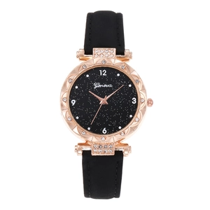 Elegant Geneva starry sky watch for women with rose gold case and black leather strap