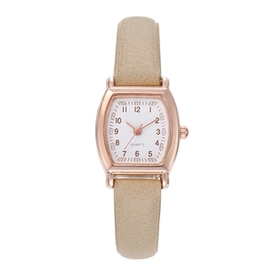 Vintage tonneau quartz watch for women with rose gold case and beige leather strap