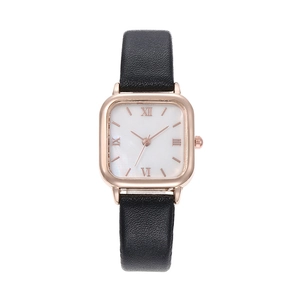 Elegant vintage small square quartz watch for women with black leather strap and marble dial