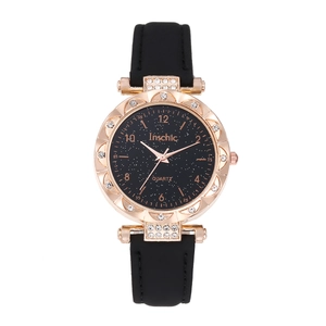 Montre à quartz ciel étoilé pour femme avec lunette pétales or rose et bracelet noir