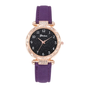 Macro detail of starry dial with crystals and purple leather strap on women's watch