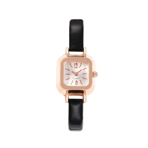 Elegant square rose gold watch with sunray dial and glossy black leather strap