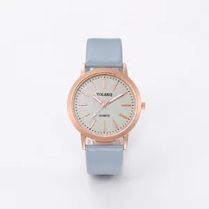 Fashionable women's quartz watch with blue PU leather strap and rose gold glitter dial