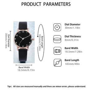 Minimalist quartz watch with black leather strap and rose gold case dimensions guide