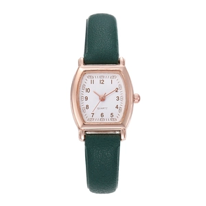 Vintage tonneau quartz watch for women with green leather strap and rose gold case