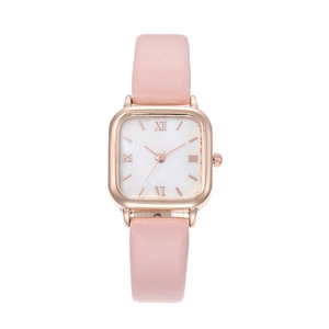 Elegant women's square quartz watch with rose gold case and pink leather strap