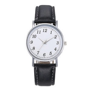 Minimalist men's quartz wristwatch with black leather strap and white dial face