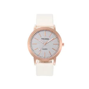 Elegant women's quartz watch with rose gold case, silver glitter dial and white band