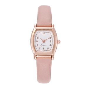 Vintage tonneau quartz watch for women with pink leather strap and rose gold case