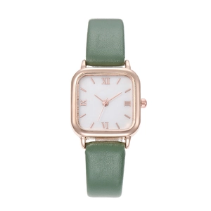 Vintage small square quartz watch for women with rose gold case and green leather strap