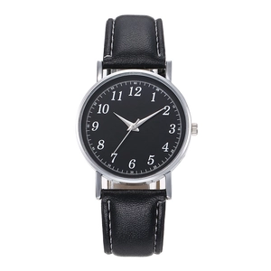 Classic men's quartz watch with black leather strap and silver case on white background
