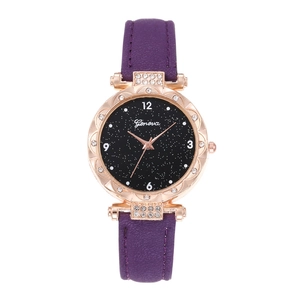 Detailed macro view of purple leather strap and rose gold rhinestone case of the watch