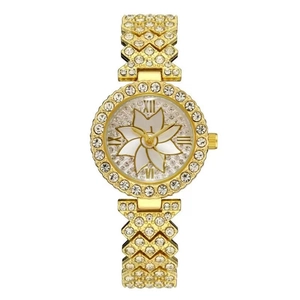 Fashion gold floral women's watch with rhinestone bracelet and roman numerals