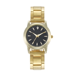 Montre classique en métal doré avec cadran rond noir et bracelet de luxe à maillons