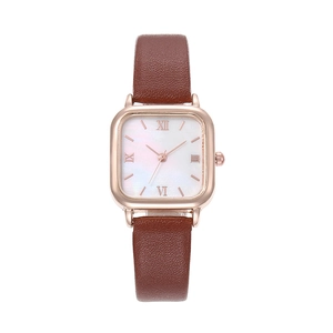 Vintage square quartz watch with rose gold case and brown leather strap for women
