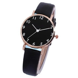 Minimalist quartz watch for women with black leather strap and rose gold round case