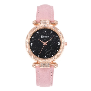 Detailed close-up of pink starry sky watch with rose gold case and rhinestone bezel