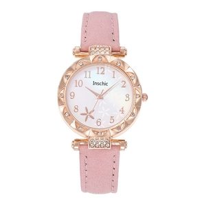 Inschic rose gold women's watch featuring a white floral dial and pink leather strap