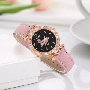 Women Quartz Watch Starry Sky Dial Butterfly Pattern Alloy Case Rhinestone Accents Faux Leather Strap Fashion Wristwatch
