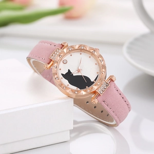 Women's quartz watch with cat motif dial, pink leather strap and rhinestone bezel