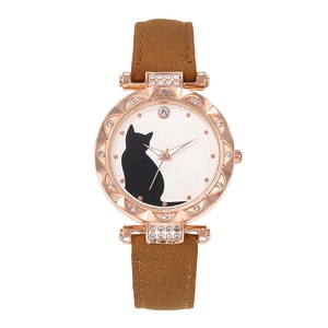 Fashion cat themed quartz watch with rose gold rhinestone case and brown leather strap