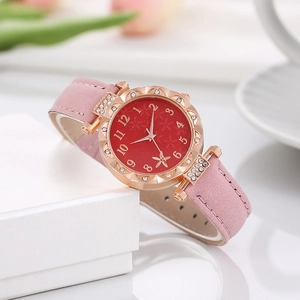 Women's quartz watch with red floral dial, rose gold flower bezel and pink leather strap