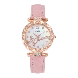 Women's quartz watch with heart-patterned dial, rose gold rhinestone case, and pink strap