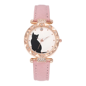 Pink leather strap quartz watch for women with rose gold rhinestone case and cat pattern