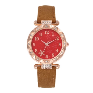 Women's quartz watch with red floral dial, rose gold rhinestone case, and brown strap
