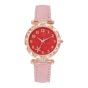 Women's rose gold watch with red dial, rhinestone case and pink leather strap