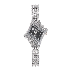 Montre quartz élégante pour femme en argent avec boîtier strass et cadran noir chic