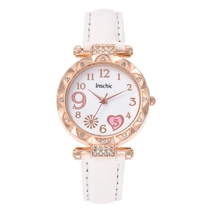 Detailed view of rose gold quartz watch with rhinestone bezel and white leather strap