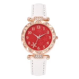 Detail of red floral dial watch with rose gold flower bezel and white leather strap