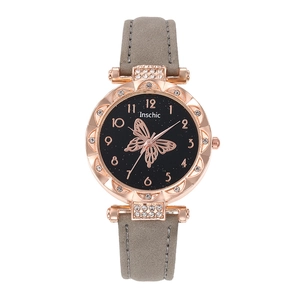 Women's quartz watch with butterfly dial, rose gold rhinestone case and grey leather strap