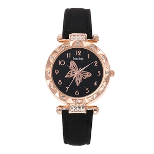 Elegant women's quartz watch with rose gold case, butterfly dial and black leather strap