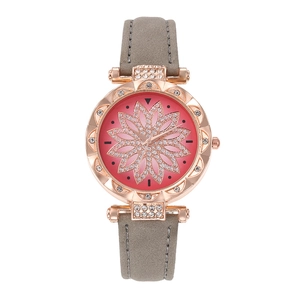 Elegante Damenquarzuhr mit Roségold-Strassgehäuse und rotem Zifferblatt mit Blumen