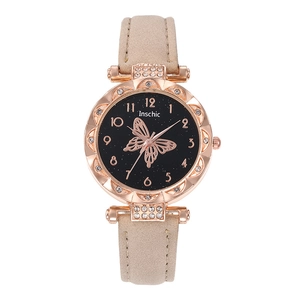 Fashion women's quartz watch with butterfly dial and rose gold rhinestone bezel