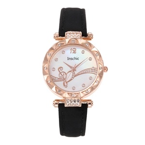 Women's quartz watch with heart-patterned dial, rose gold diamond case and black leather strap
